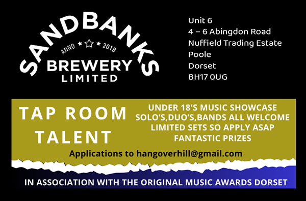 advertisement for the Tap Room Talent Showcase 2025 at the Sandbanks Brewery, Poole.